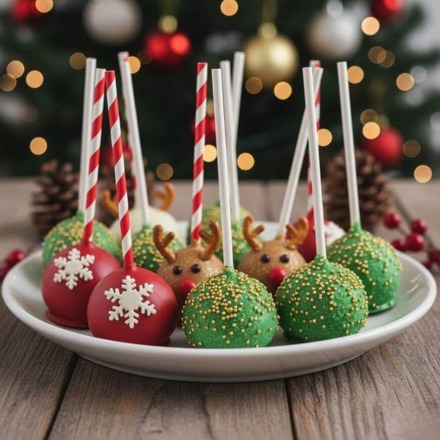 A plate of festive cake pops decorated as green balls with gold sprinkles, red pops with white snowflakes, and brown reindeer, set on a wooden table with a blurred Christmas tree in the background.