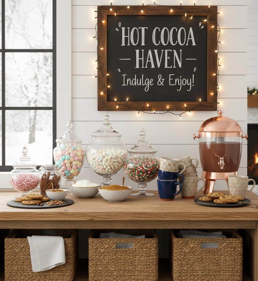 A cozy hot cocoa station with jars of marshmallows, candies, cookies, and mugs, set on a wooden table. A copper dispenser and a chalkboard sign reading Hot Cocoa Haven hang above; string lights add warmth.