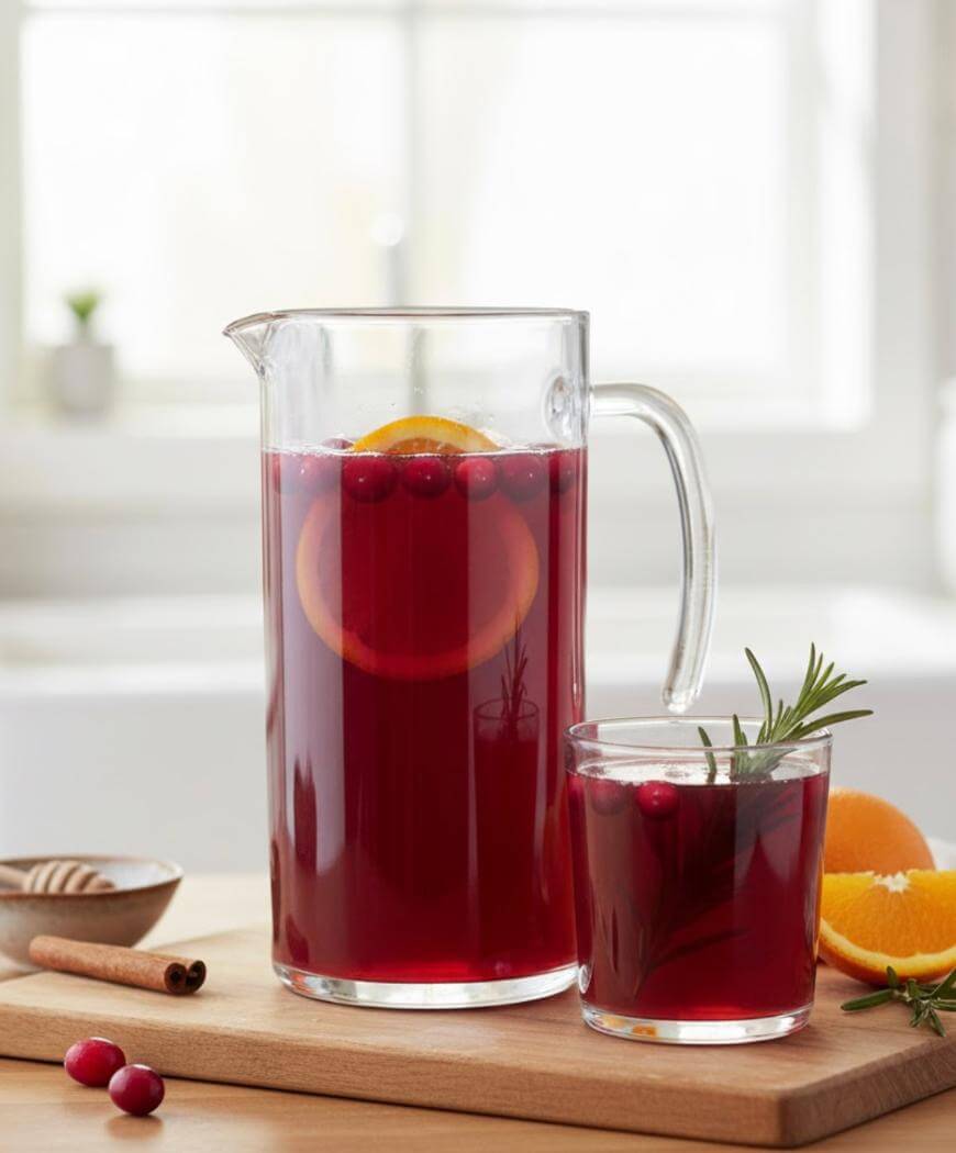 A clear glass pitcher and a glass filled with red punch, garnished with orange slices, cranberries, and rosemary, sit on a wooden board. Nearby are orange slices, a cinnamon stick, and a small dish of honey.