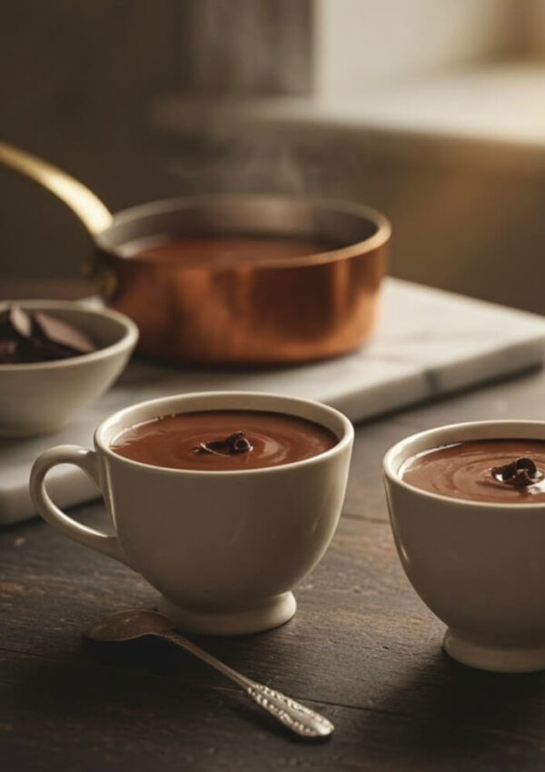 Two white cups filled with rich, steaming hot chocolate sit on a wooden table, with a spoon beside them. In the background, a copper saucepan and a bowl of dark chocolate pieces are placed on a white board.