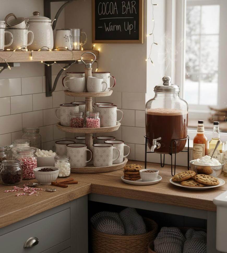 A cozy cocoa bar setup in a kitchen corner with mugs, jars of marshmallows, sprinkles, cookies, and a large glass dispenser of hot chocolate. String lights and a “Cocoa Bar—Warm Up!” sign add warmth. Snow is visible outside the window.