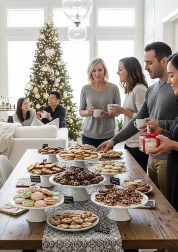 A group of people stands around a table filled with various cookies, chatting and smiling. In the background, others sit on a couch near a decorated Christmas tree in a bright, cozy living room.