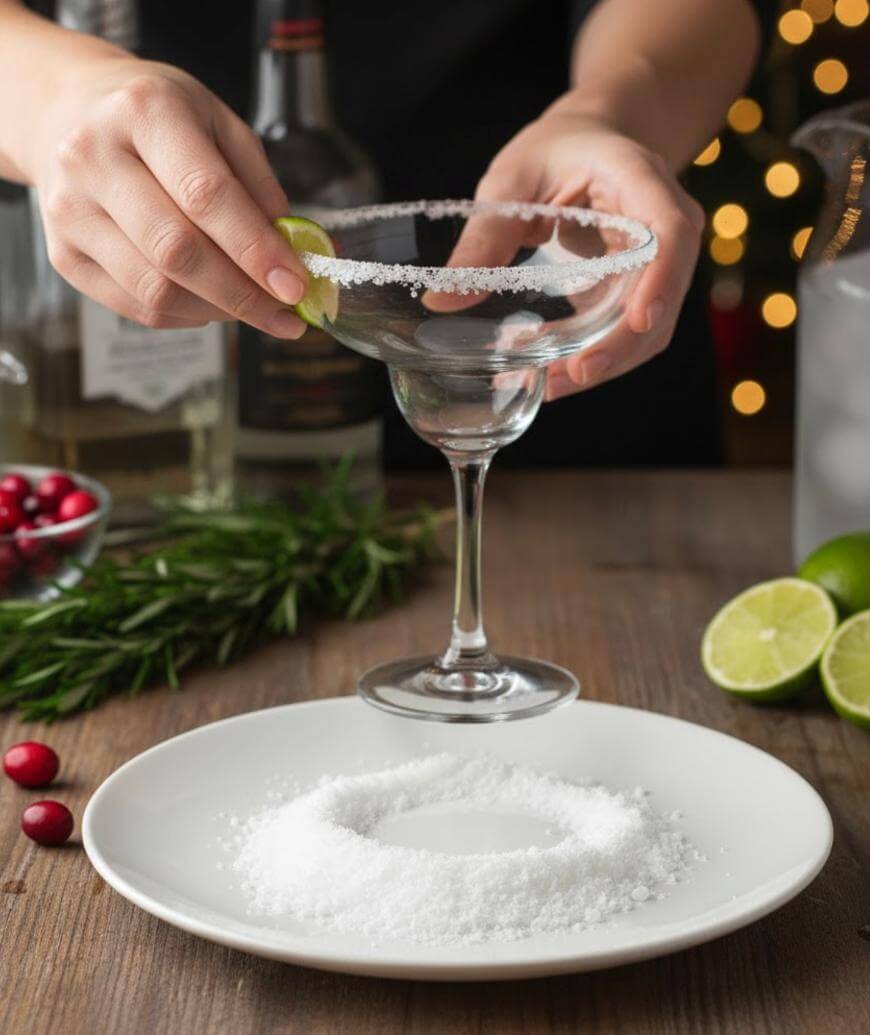 A person rubs a lime wedge on the rim of a margarita glass over a plate of salt, preparing to coat the glass. Nearby are limes, cranberries, rosemary, and bottles on a wooden table.
