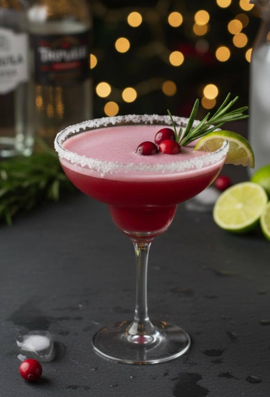 A festive cocktail in a margarita glass with a salted rim, garnished with cranberries, a lime wedge, and rosemary. The drink is deep red, with blurred bottles, lime halves, and holiday lights in the background.