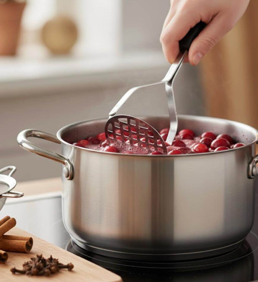 A hand uses a metal masher to crush cranberries in a stainless steel pot on a stovetop. Cinnamon sticks and cloves sit on a wooden board nearby.