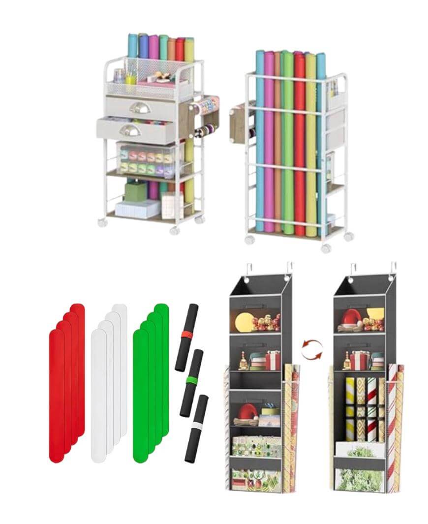Image showing two rolling carts and two hanging organizers filled with colorful rolls of wrapping paper, gift bags, ribbons, and supplies. Also includes red, green, and white stick-shaped wrapping paper holders.