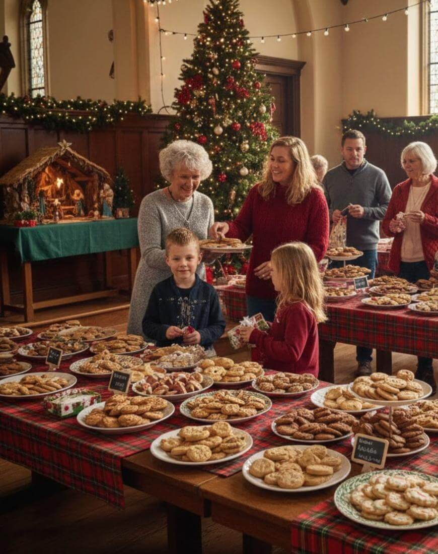 A group of people, including children and seniors, gather around tables filled with assorted cookies in a festive room decorated with a Christmas tree and nativity scene. The atmosphere is warm and joyful.