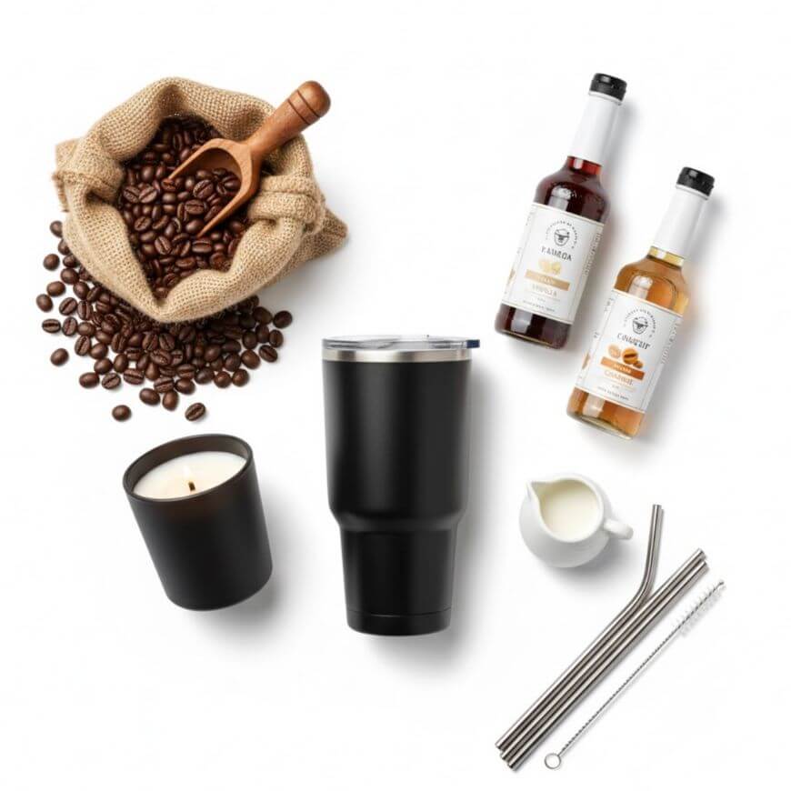 A flat lay of coffee beans in a burlap sack with a wooden scoop, two syrup bottles, a black tumbler, a black candle, a small white pitcher, and metal straws with a cleaning brush on a white background.
