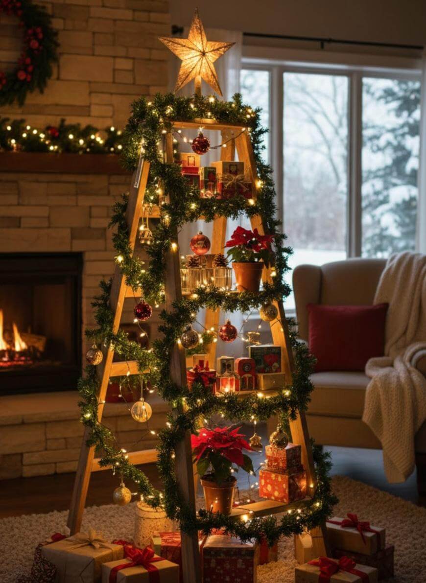 A wooden ladder decorated with garlands, ornaments, lights, and a star on top stands as a Christmas tree alternative. Presents and poinsettias are placed at the base, with a cozy living room and fireplace in the background.
