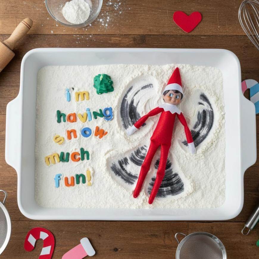 A toy elf lies in a baking dish filled with flour, making a snow angel. Colorful alphabet magnets spell “I’m having snow much fun!” Nearby are baking tools and heart-shaped decorations.