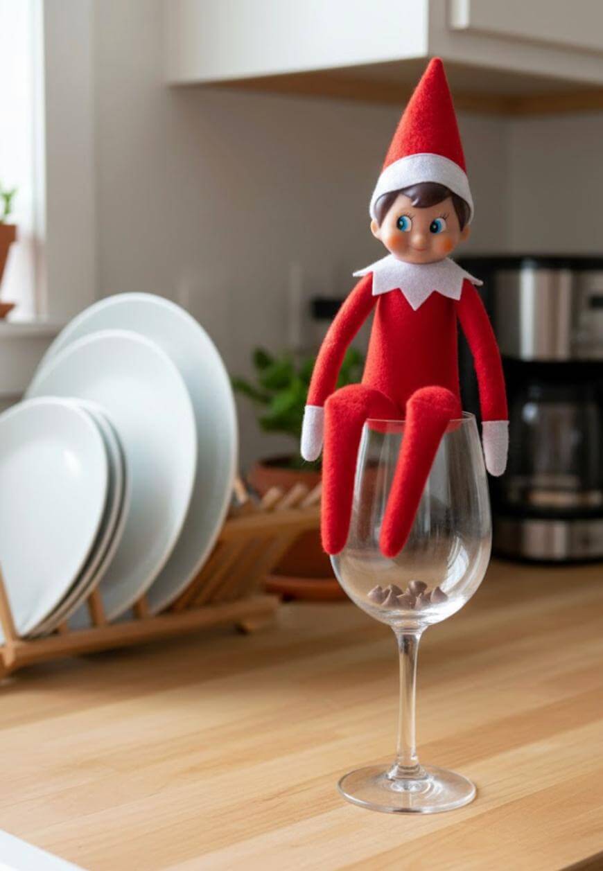 A toy Elf on the Shelf doll wearing a red outfit and hat sits on the rim of an empty wine glass on a kitchen counter, with dishes and a coffee maker in the background.
