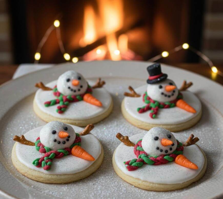 Four decorated sugar cookies with snowman faces, colorful scarves, carrot noses, and pretzel stick arms are arranged on a plate. One snowman wears a black hat. A fireplace glows warmly in the background.