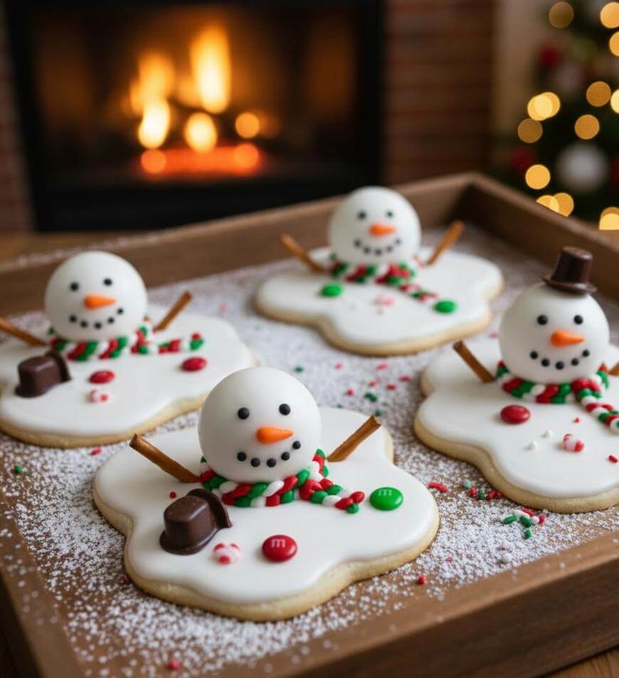 Melted snowman cookies decorated with icing, pretzel stick arms, candy scarves, and chocolate hats are arranged on a tray. A lit fireplace and a blurred Christmas tree are visible in the cozy background.
