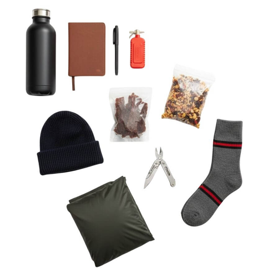 Flat lay of travel essentials: a black water bottle, brown notebook with pen, red whistle, bag of trail mix, bag of beef jerky, navy knit hat, multitool, gray sock with red and black stripes, and olive green pouch.