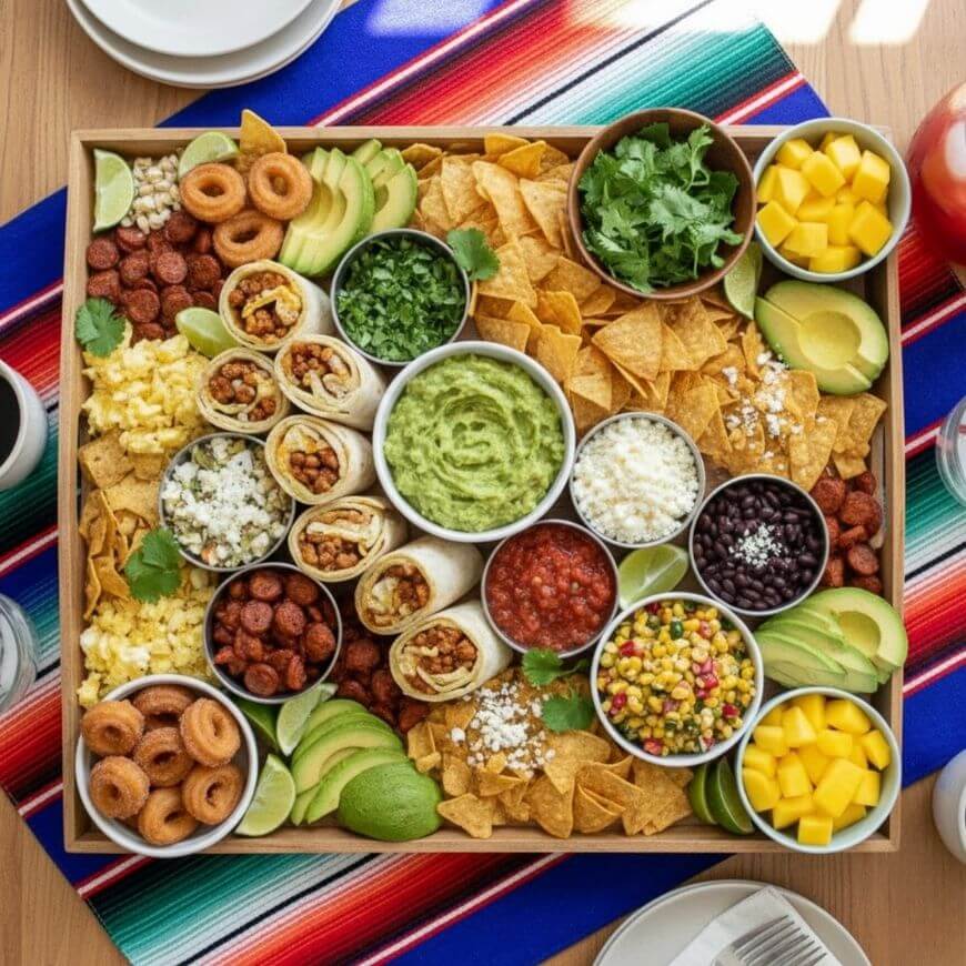 A colorful platter with bowls of guacamole, salsa, corn salad, black beans, mango, chopped herbs, and cheese, surrounded by tortilla chips, mini burritos, sausage, avocado slices, lime wedges, and mini churros on a vibrant tablecloth.