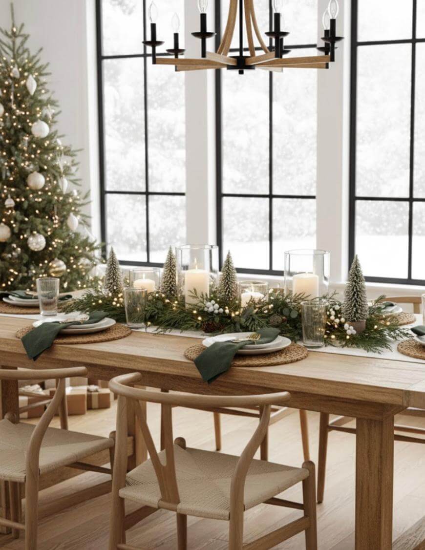 A festive dining table is set with green napkins, plates, glasses, candles, and miniature Christmas trees. A decorated Christmas tree stands in the background by large windows showing a snowy landscape.
