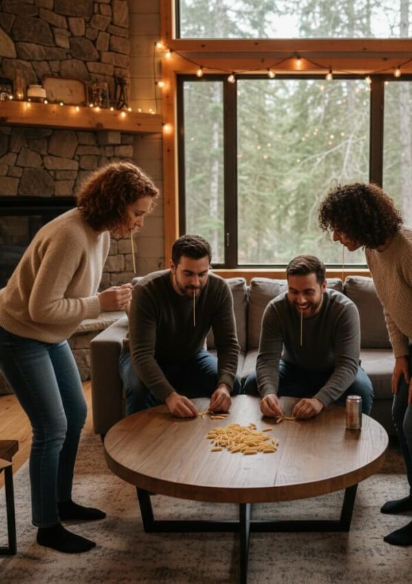 Four adults play a game around a wooden coffee table in a cozy living room with string lights and large windows. Two stand and two sit, all focused on chips or crackers on the table. A can of drink is nearby.