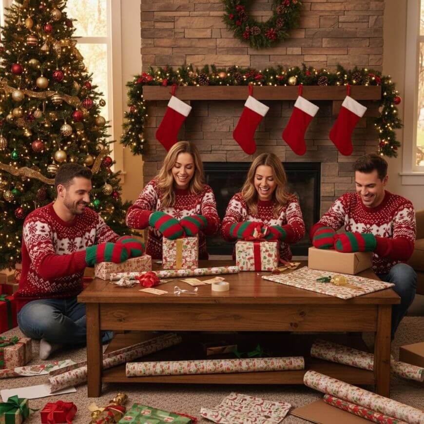 Four adults wearing matching Christmas sweaters and oversized green-and-red mitten gloves try to wrap gifts in a festive living room with a decorated tree, fireplace, stockings, and wrapping paper scattered around.