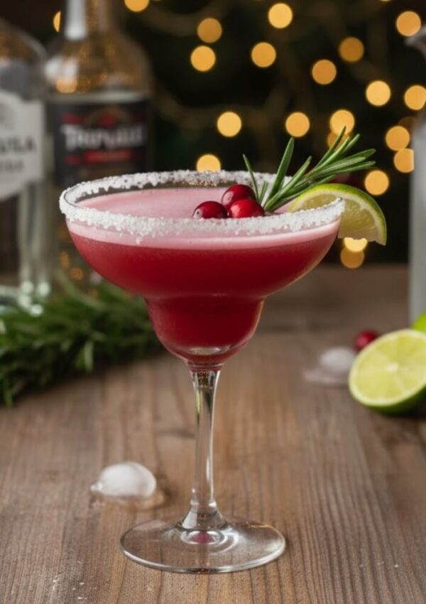 A pink margarita in a salt-rimmed glass, garnished with cranberries, a lime wedge, and a sprig of rosemary, sits on a wooden table with bottles, lime halves, and festive lights blurred in the background.