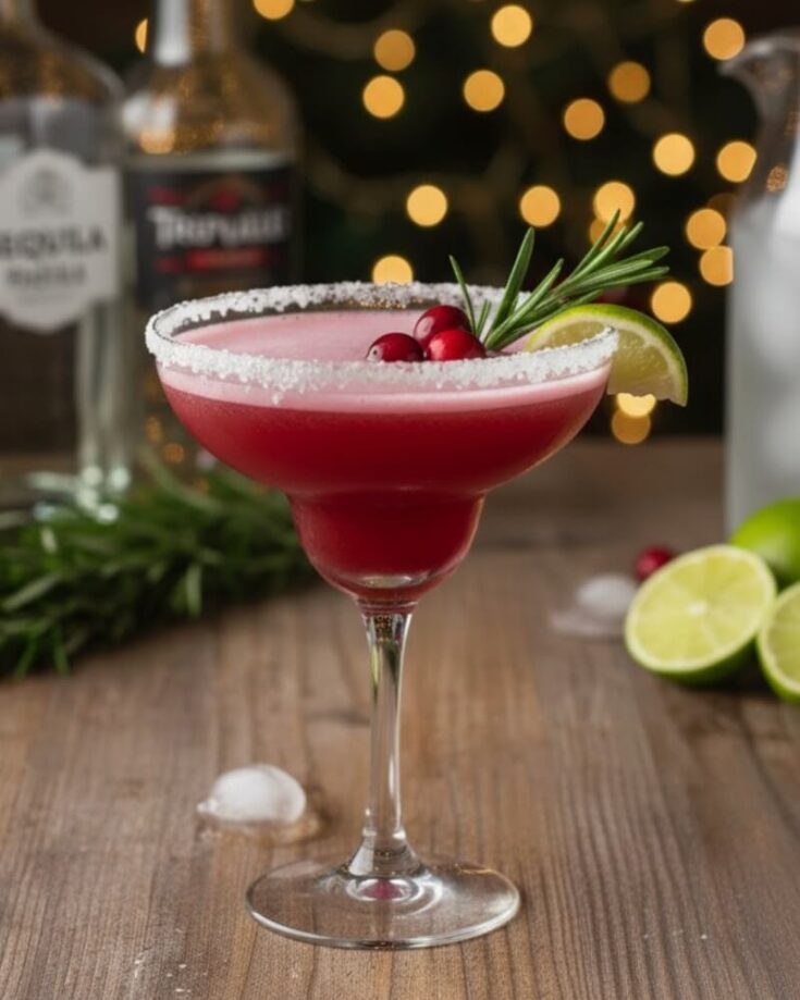 A pink margarita in a salt-rimmed glass, garnished with cranberries, a lime wedge, and a sprig of rosemary, sits on a wooden table with bottles, lime halves, and festive lights blurred in the background.