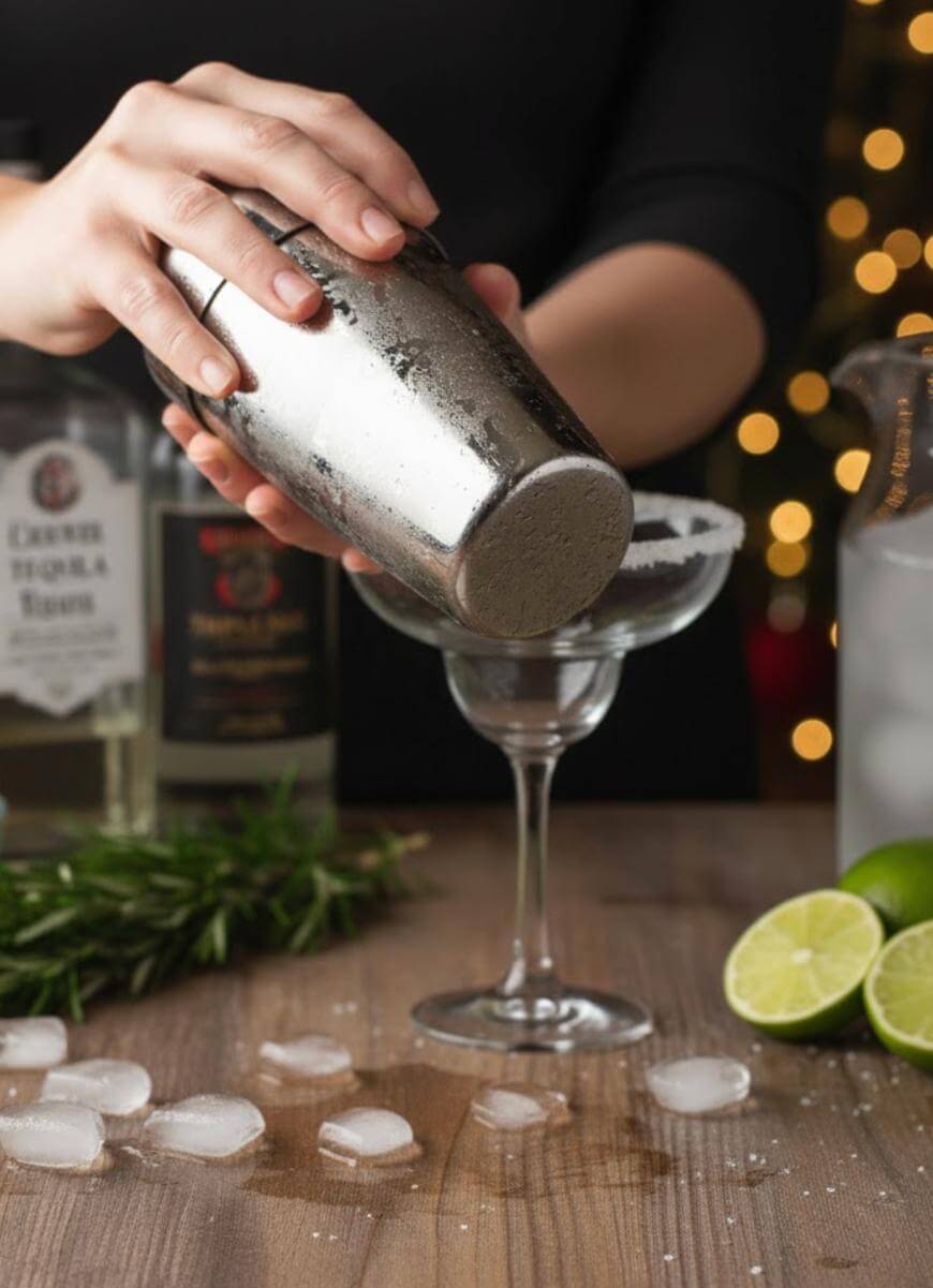 A person pours a cocktail from a metal shaker into a salt-rimmed glass on a wooden table with ice cubes, lime halves, a rosemary sprig, liquor bottles, and blurred festive lights in the background.