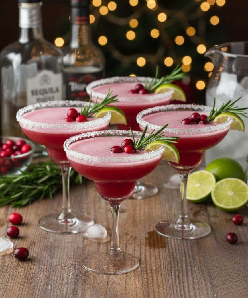 Four festive cranberry margaritas with salted rims, garnished with cranberries, lime wedges, and rosemary sprigs, sit on a wooden table with limes, ice, and liquor bottles in the background, plus twinkling lights.