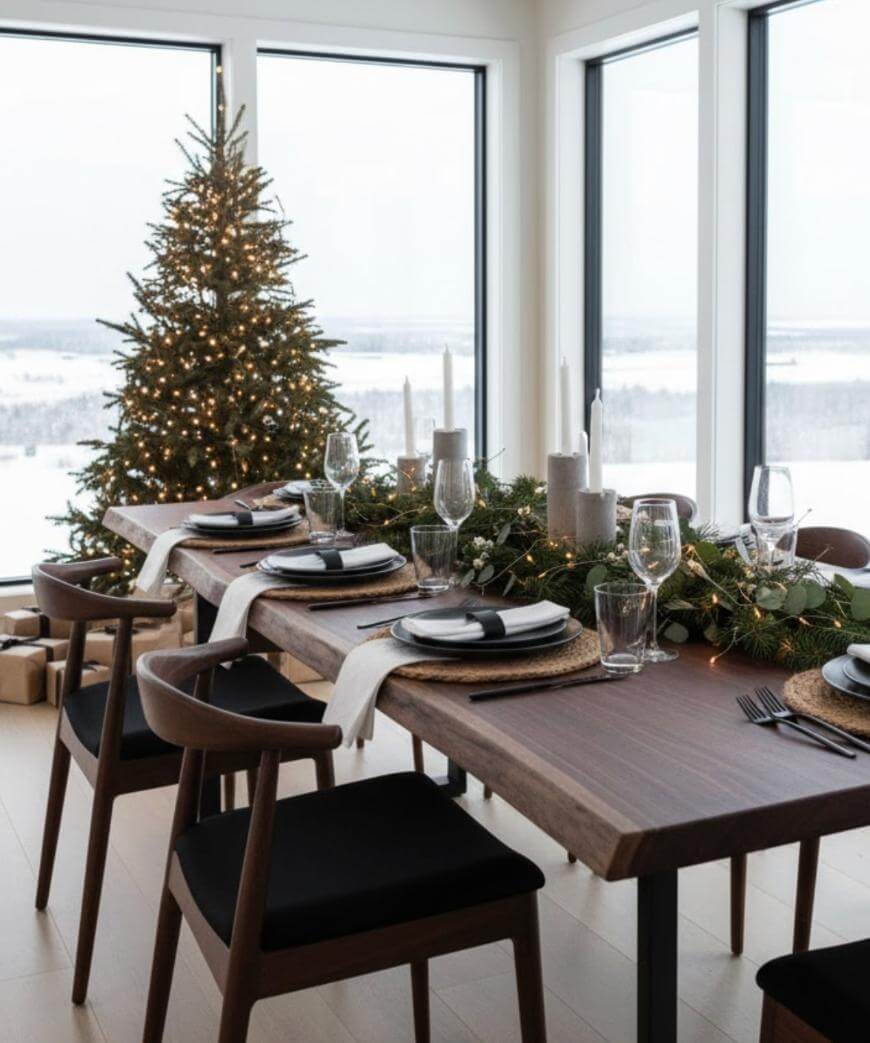 A modern dining table set for a festive meal with black chairs, white napkins, candles, greenery, and glassware. A decorated Christmas tree stands by large windows overlooking a snowy landscape.