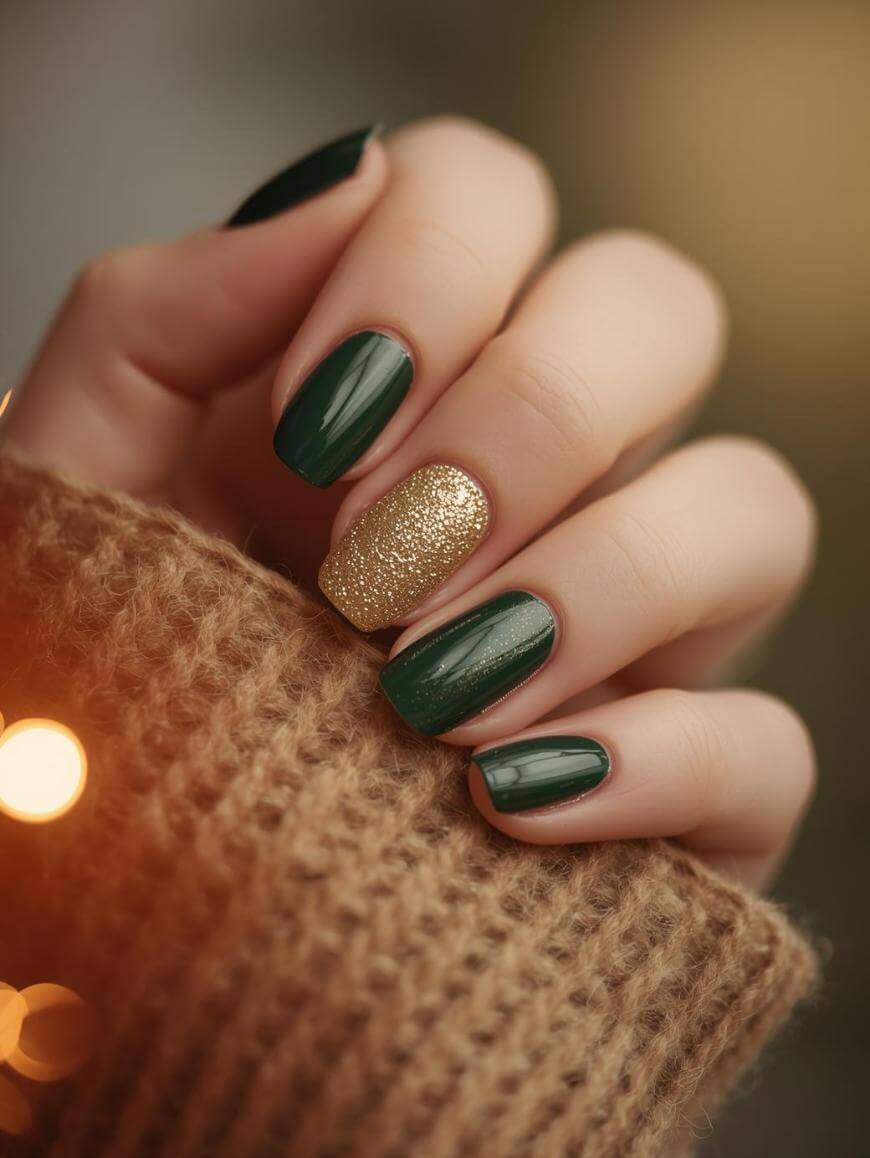 A close-up of a hand with manicured nails; four nails are painted dark green, and the ring fingernail is covered in gold glitter. The person is wearing a brown knitted sweater.