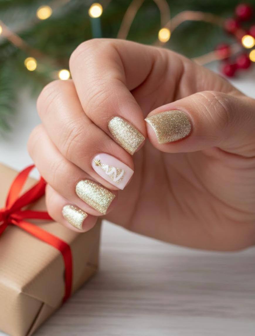 A hand with gold glitter nail polish and one accent nail featuring a white Christmas tree design, holding a small gift box wrapped with a red ribbon. Festive lights and greenery are blurred in the background.