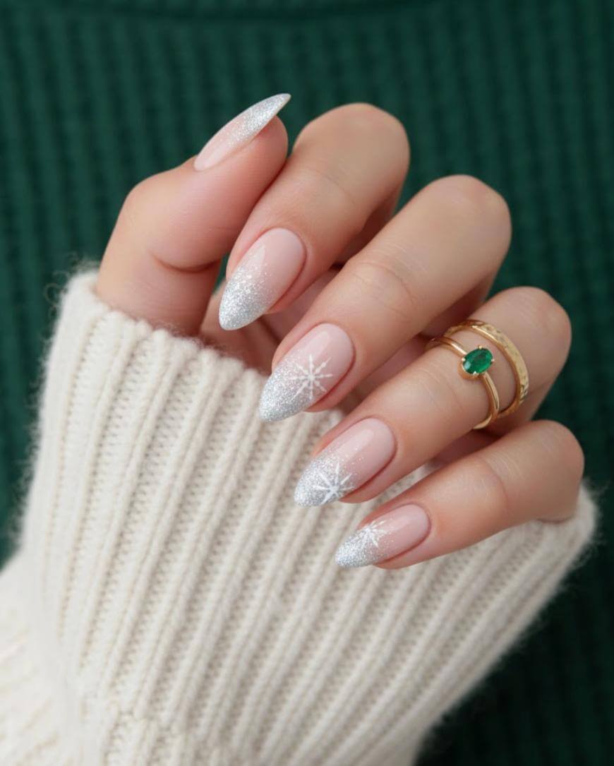 A hand with long, almond-shaped nails featuring a nude base and silver glitter tips with white snowflake designs. The person wears a cream ribbed sweater and a gold ring with a green stone.