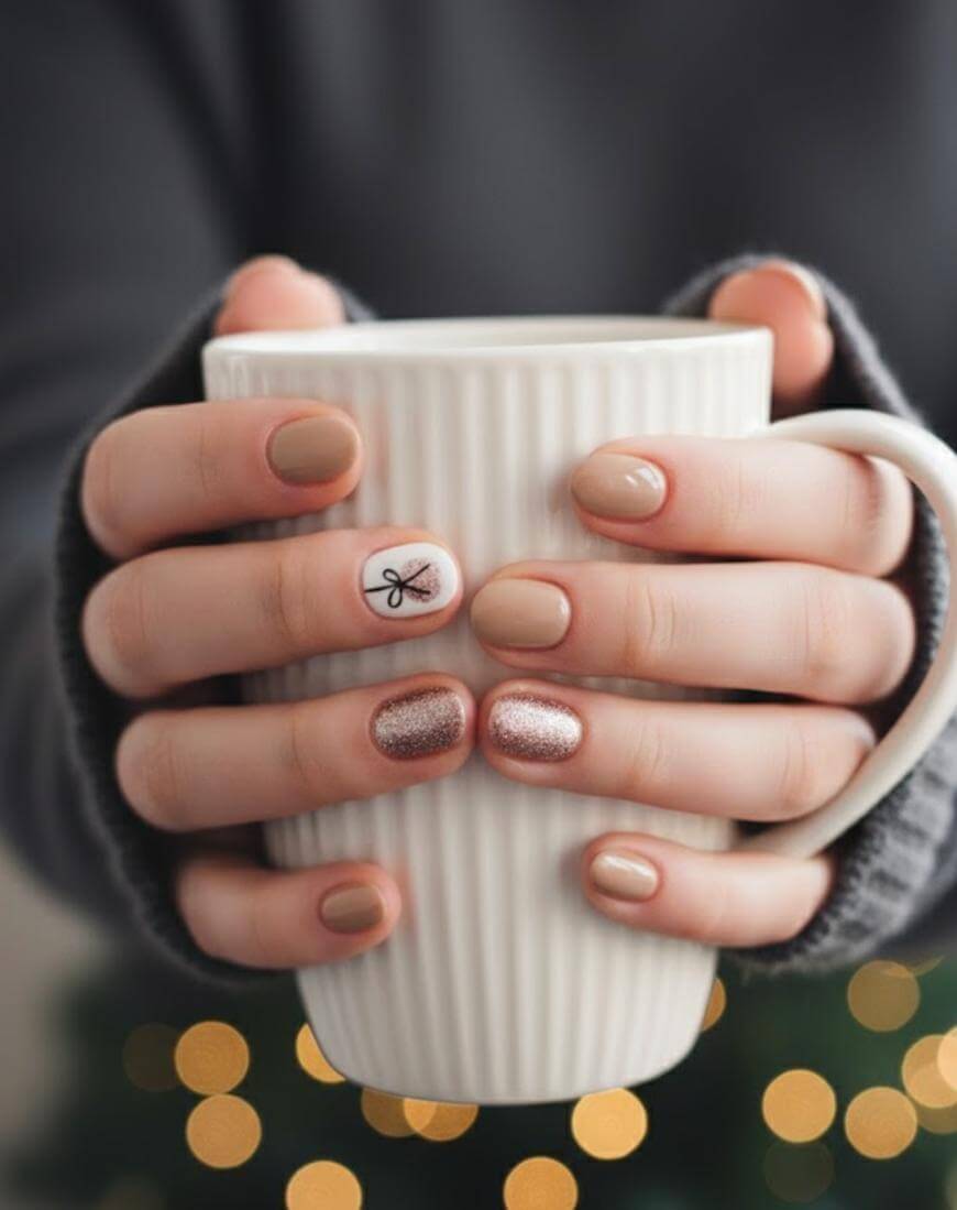 A person wearing a dark, cozy sweater holds a white ribbed mug with both hands. Their nails are painted in nude and glittery rose gold, with one nail featuring a delicate black bow design. Blurred lights are in the background.