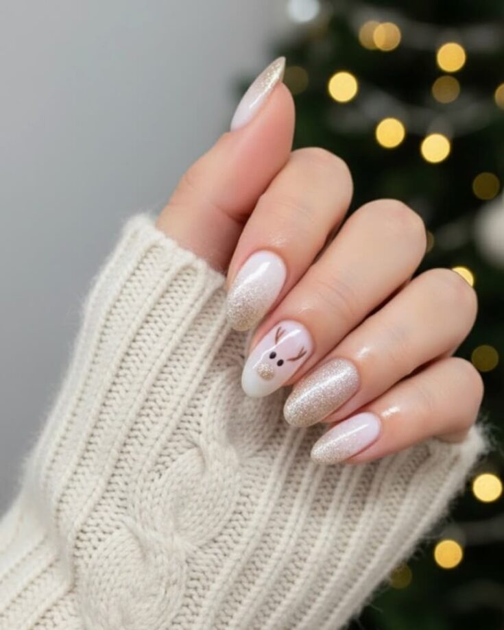 A hand with almond-shaped nails featuring a winter-themed manicure: glittery gold polish and an accent nail with a cute reindeer design. The person is wearing a cream-colored, cable-knit sweater. A blurred Christmas tree is in the background.