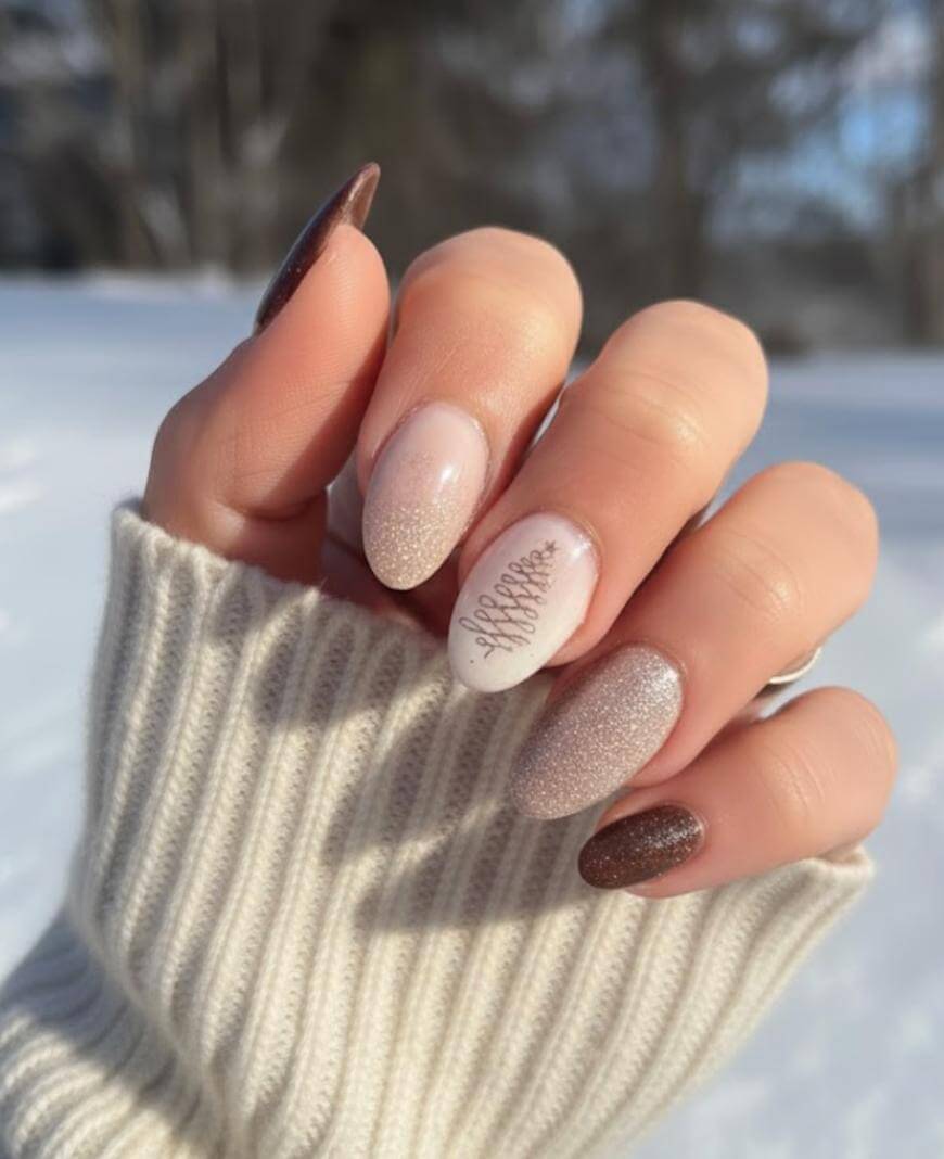 A hand with manicured nails in different shades of brown and beige, featuring a glittery finish and a small sweater-like knit pattern on one nail. The hand is partially covered by a cream-colored ribbed sweater. Snowy background.