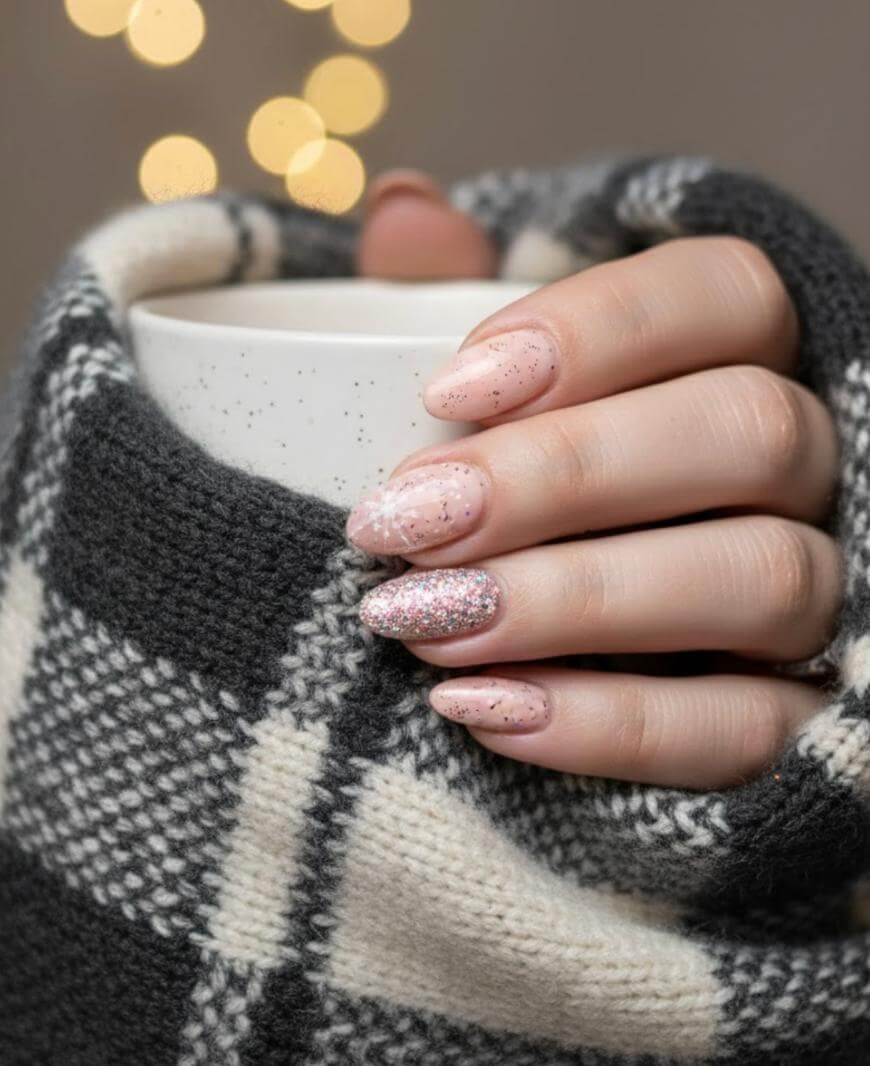 A hand with light pink glittery manicured nails holds a white speckled mug, wrapped in a cozy black and white plaid blanket. Warm, blurry lights glow softly in the background.
