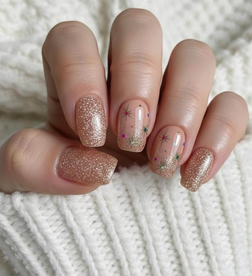 A hand with short, square-shaped nails featuring a nude base, gold glitter tips, and small star and dot designs, resting on a white knitted sweater.