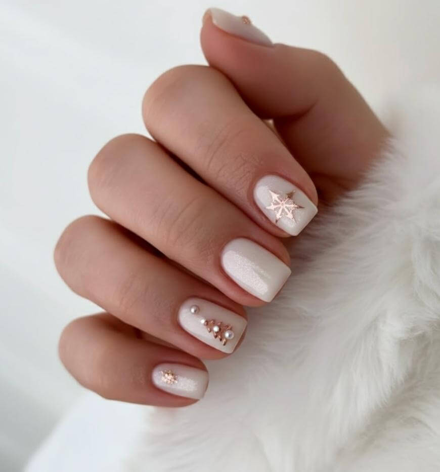 A hand with short, almond-shaped nails painted in glossy white polish, featuring gold and pearl-like embellishments and star designs, resting against a white, fluffy fabric.