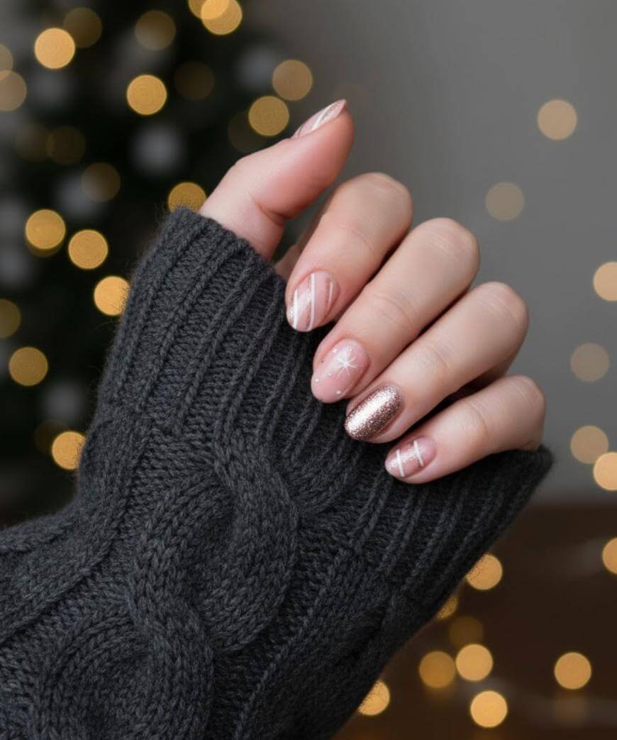 A hand in a dark, cable-knit sweater holds up fingers with festive manicured nails—light pink polish with white stripes and one nail in glittery rose gold. Blurred lights shine in the background.
