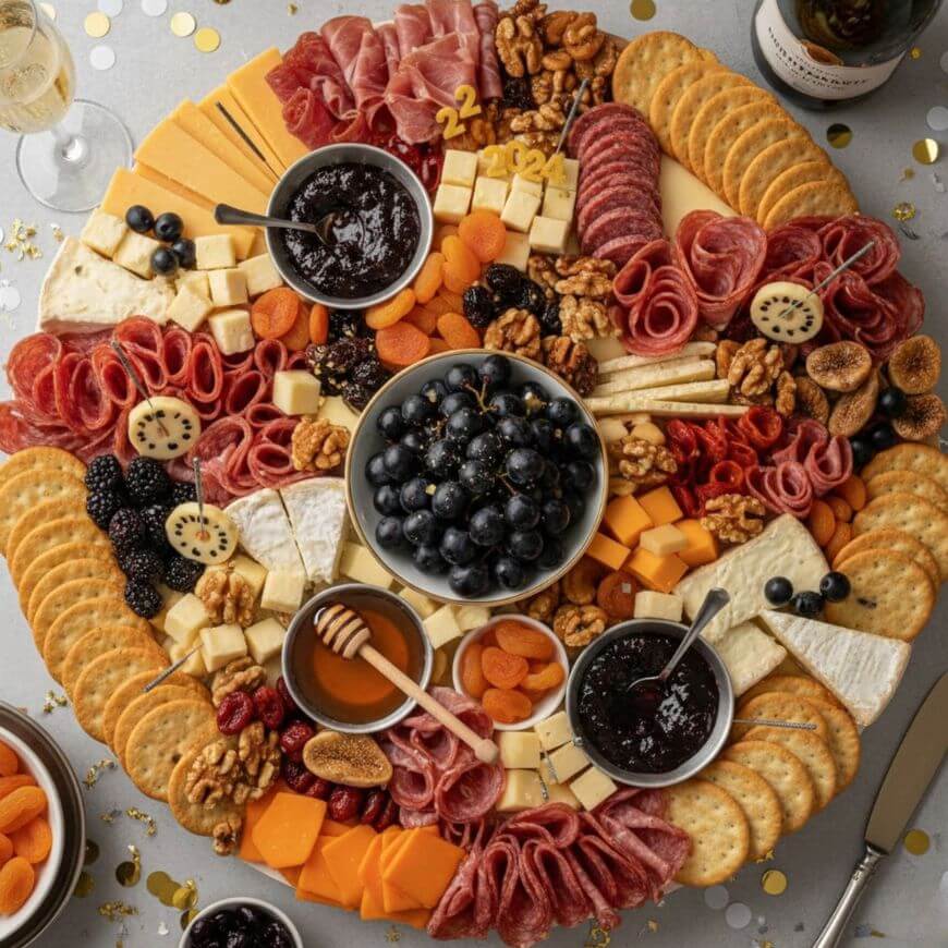 A festive charcuterie board with assorted cheeses, cured meats, crackers, black grapes, dried apricots, walnuts, berries, honey, fruit preserves, and rosemary, arranged in a circular pattern on a light gray surface.
