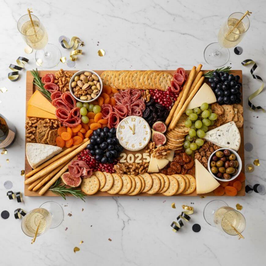 A festive charcuterie board with cheeses, crackers, meats, fruits, nuts, and a clock showing midnight, with 2025 in gold; surrounded by champagne glasses and New Years decorations on a marble table.
