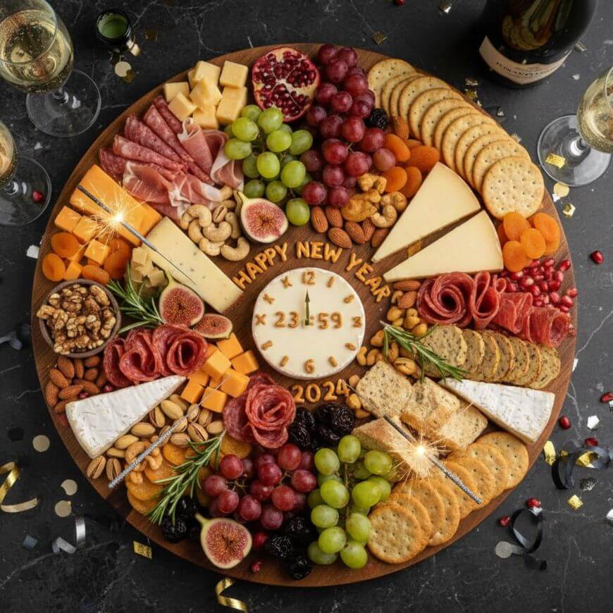 A round charcuterie board arranged like a clock, with various cheeses, crackers, meats, fruit, nuts, and “Happy New Year 2024” written in cheese in the center. Champagne glasses and confetti surround the board.
