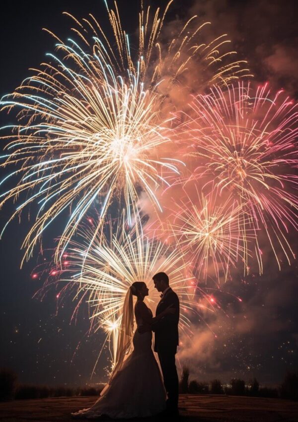 A bride and groom stand in silhouette, gazing at each other, while colorful fireworks burst in the night sky behind them, creating a festive and romantic atmosphere.