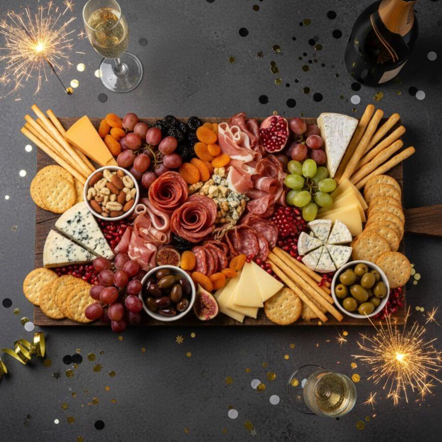 A festive charcuterie board with assorted cheeses, meats, crackers, breadsticks, nuts, olives, grapes, and pomegranate, surrounded by champagne, confetti, and sparklers on a dark surface.