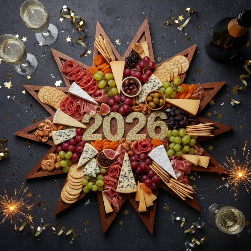 A festive charcuterie board arranged in a star shape displays cheeses, meats, fruits, crackers, and “2026” in gold numbers at the center. Champagne, glasses, and sparklers surround the board, set for a celebration.