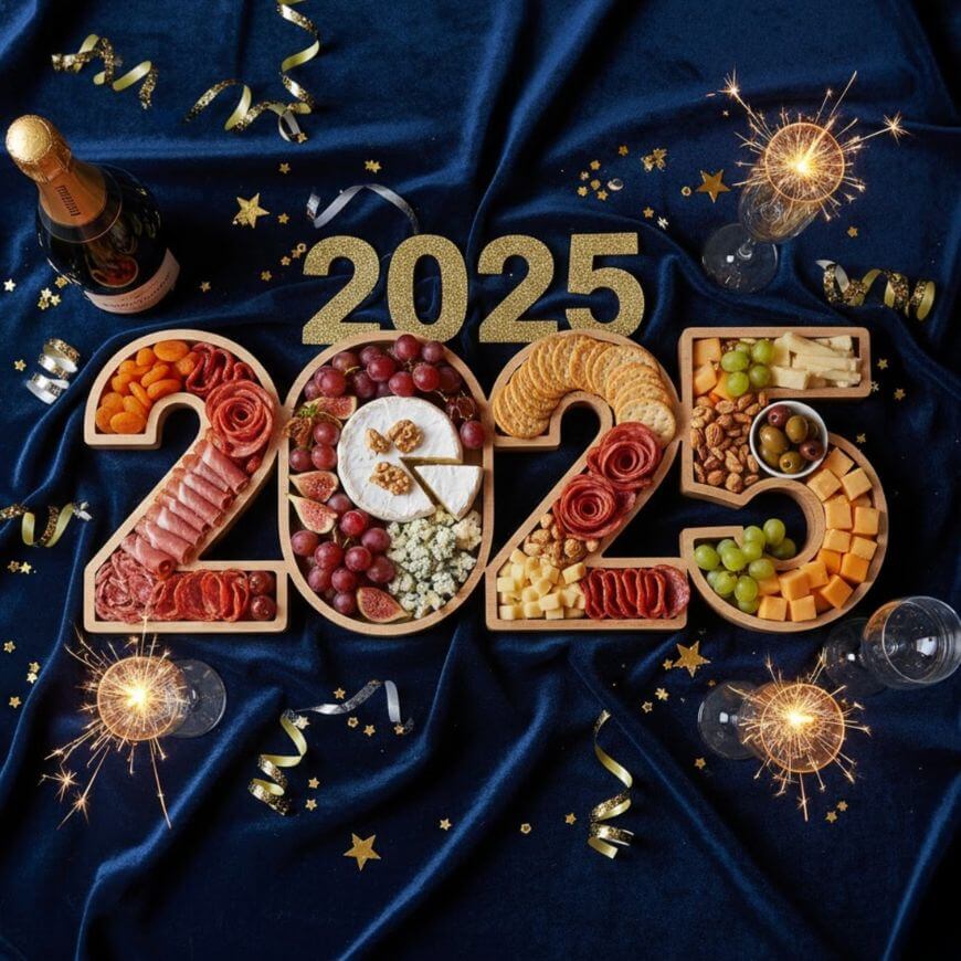 A festive charcuterie board shaped as 2025, filled with cheese, grapes, nuts, meats, crackers, dried fruits, and a bottle of champagne on a dark blue cloth, surrounded by sparklers, confetti, and gold decorations.
