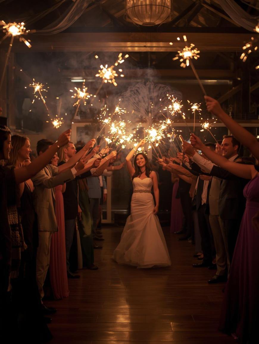A bride in a white gown walks between rows of guests holding sparklers in a warmly lit indoor venue, creating a festive and joyful atmosphere.