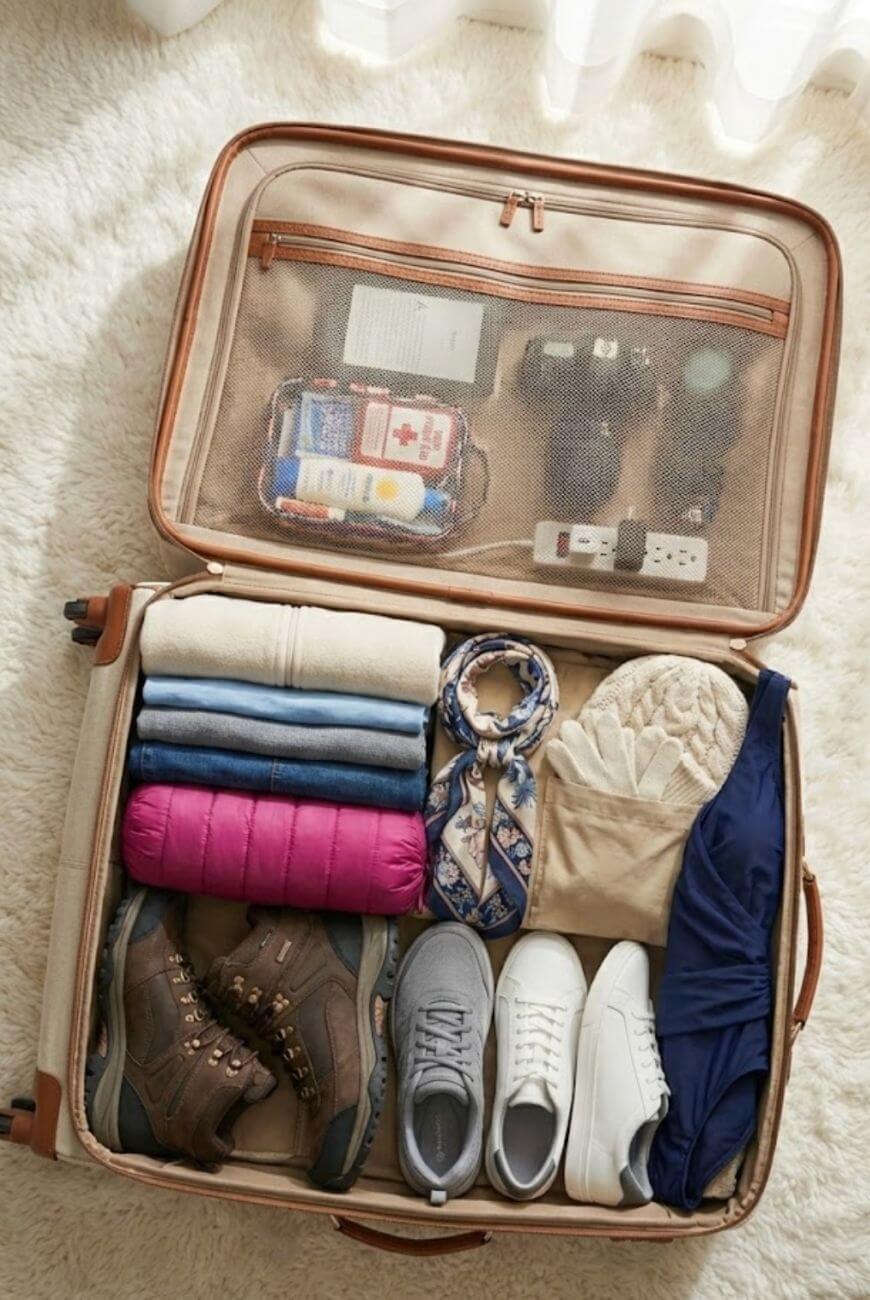 An open suitcase neatly packed with folded clothes, a scarf, a hat, hiking boots, sneakers, white shoes, a first aid kit, two power strips, a flashlight, and toiletries, lying on a cream-colored carpet.