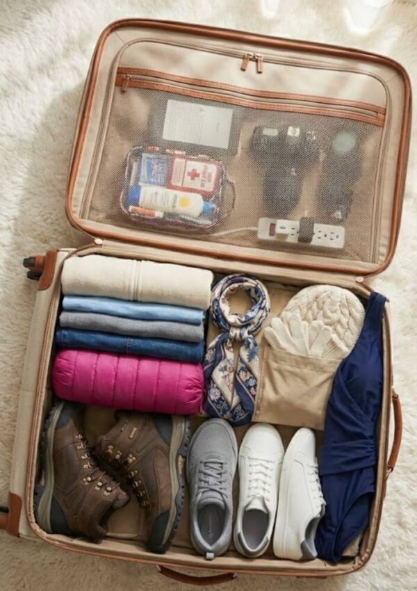 An open suitcase neatly packed with folded clothes, a scarf, gloves, hiking boots, white sneakers, a power strip, camera, first aid kit, and toiletries, lying on a soft, cream-colored carpet.
