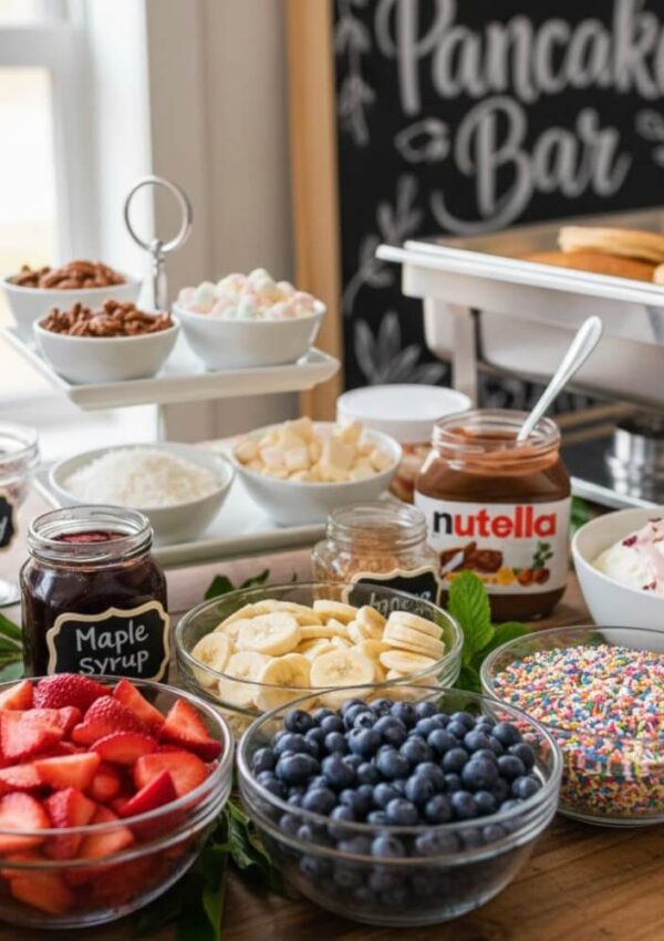A pancake bar setup with various toppings including Nutella, maple syrup, honey, strawberries, bananas, blueberries, chocolate chips, sprinkles, marshmallows, and whipped cream, displayed on a wooden table.