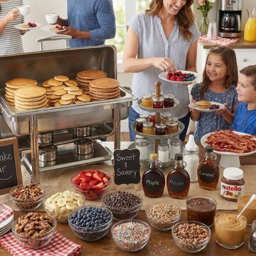 A family serves pancakes at a breakfast buffet with toppings like berries, syrups, chocolate chips, nuts, sprinkles, whipped cream, and spreads. There are also plates of bacon and bowls of fresh fruit on the table.