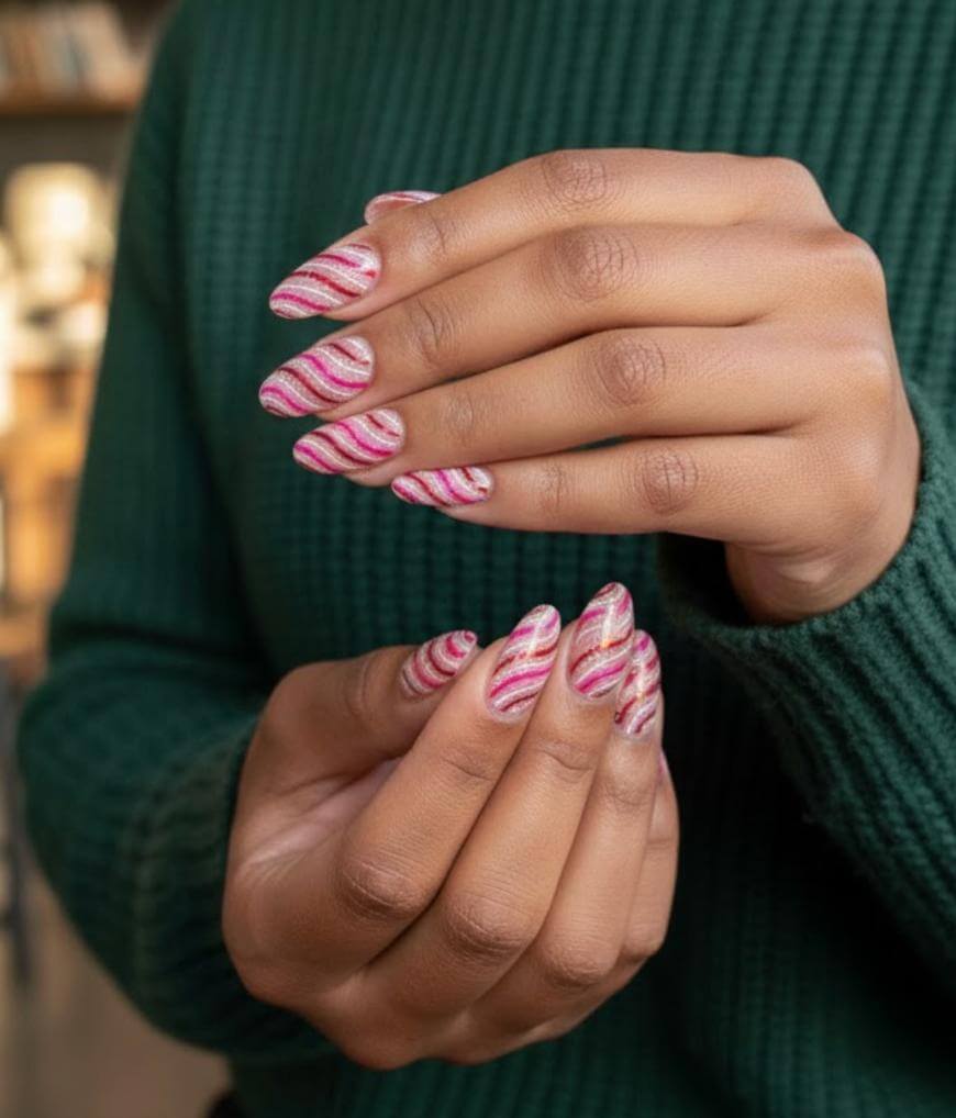 A person wearing a green ribbed sweater shows off their hands with long, almond-shaped nails featuring a red, white, and pink candy cane striped nail art design.